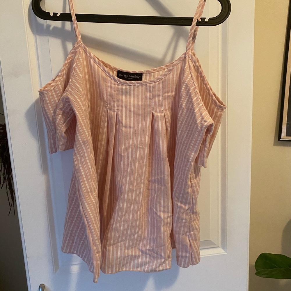 See You Monday Off-shoulder Blush & White Top